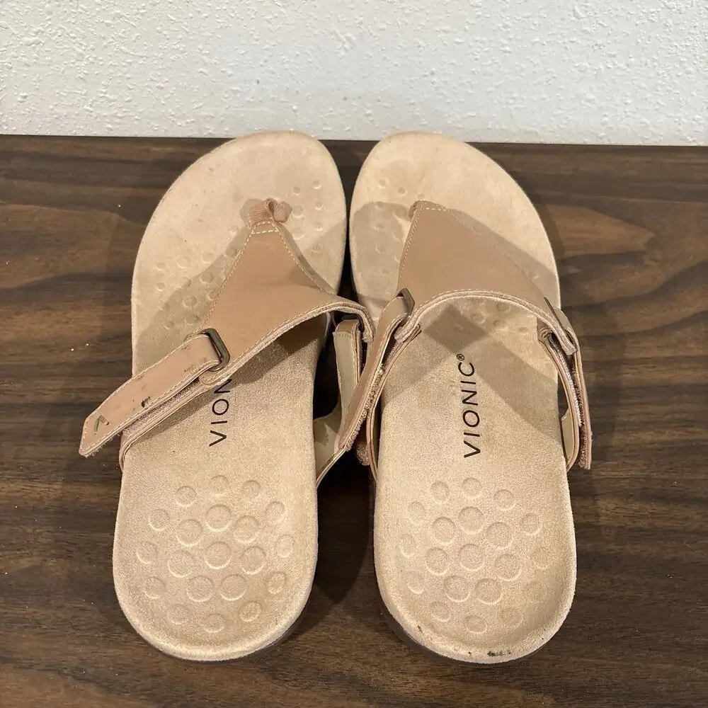 Vionic Wanda Sandals Womens Size 8.5 Wide Nude Tan Slip On Comfort Thong Shoes - Picture 6 of 14